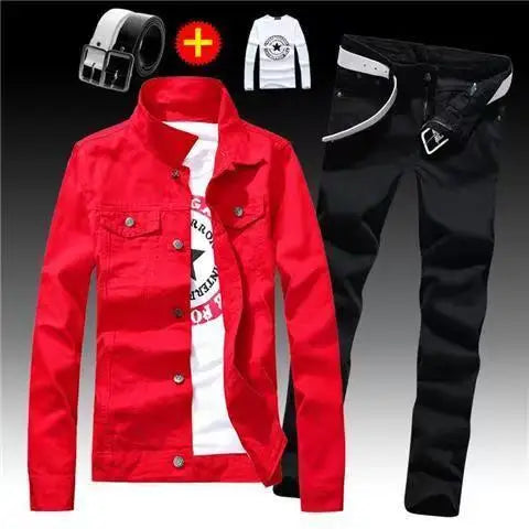 Spring Autumn Mens Denim Jacket + Jeans Pants Set Fashion Letters Printed Coat Trousers Two Piece Denim suit