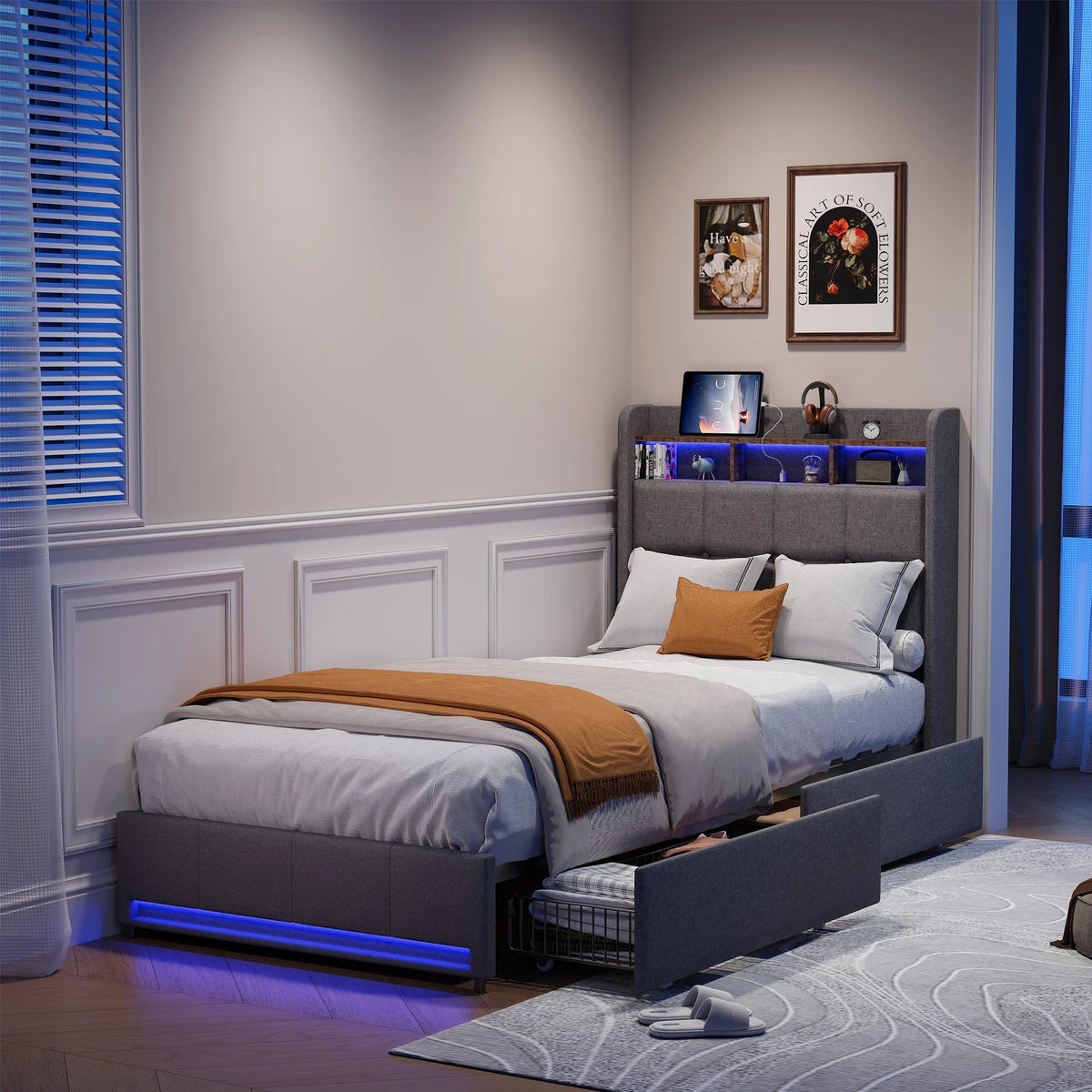Rosahqnda Upholstered Double Bed 160 x 200 cm, Bed 180 x 200 cm with Storage Box, Storage Bed with 4 Drawers and LED Lighting
