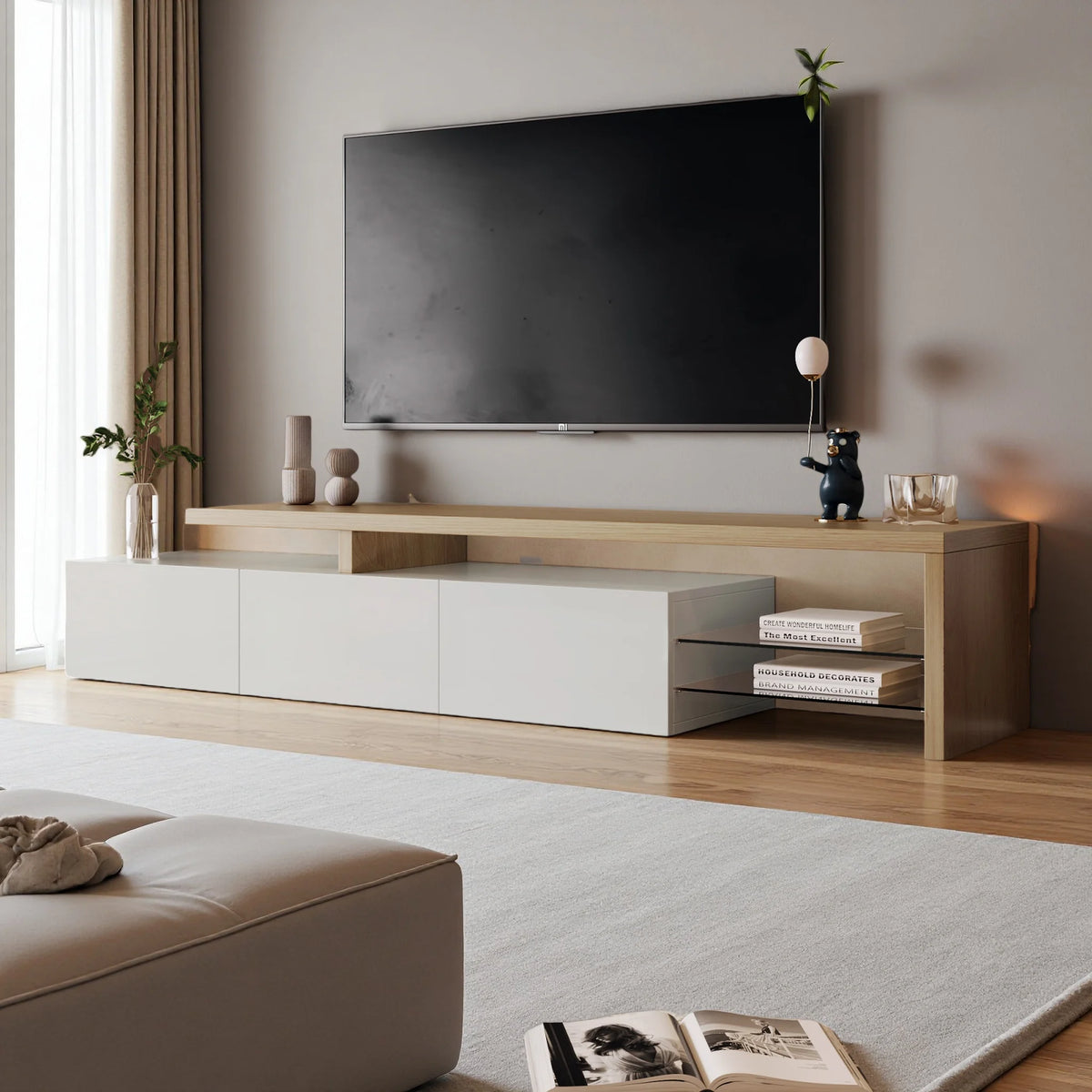 Rosahqnda TV Cabinet for Living Room,TV Lowboard with LED,Sideboard,2 Glass Partition,3 Drawers,White/Black High Gloss