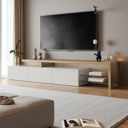 Rosahqnda TV Cabinet for Living Room,TV Lowboard with LED,Sideboard,2 Glass Partition,3 Drawers,White/Black High Gloss