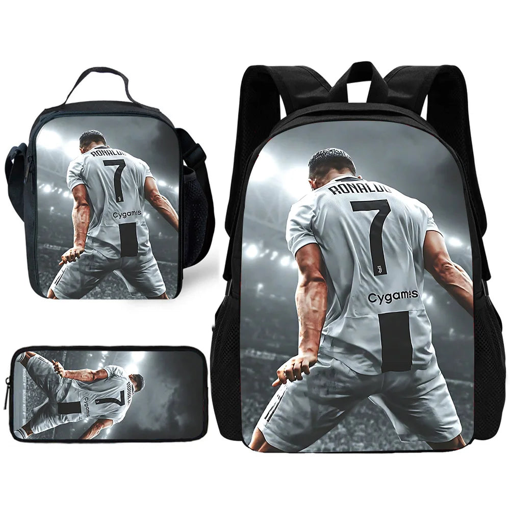 Child School Football R-RonaldoS CR7 Backpack with Lunch Bags ,Pencil Bags ,School Bags for Boys Girls Best Gift