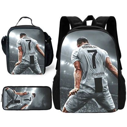 Child School Football R-RonaldoS CR7 Backpack with Lunch Bags ,Pencil Bags ,School Bags for Boys Girls Best Gift
