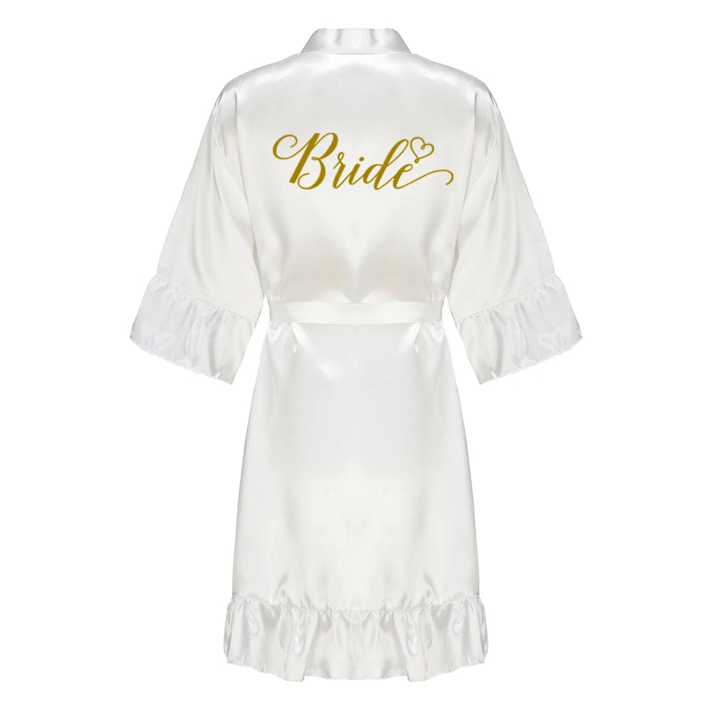 Green Bridesmaid Mother of The Bride Robes With Ruffle White Letters Satin Bridal Party Bathrobe Wedding Gift