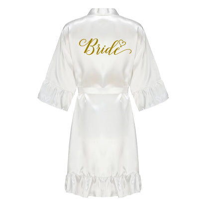 Green Bridesmaid Mother of The Bride Robes With Ruffle White Letters Satin Bridal Party Bathrobe Wedding Gift
