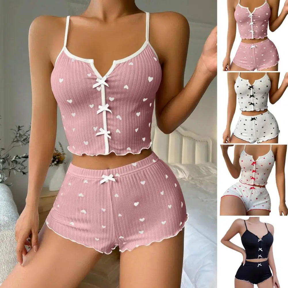 Women's Pajamas Set Bowknot Decor Sleepwear 2 PCS Short Tank Tops And Shorts Ventilate Loungewear Two-piece Female Nightwear