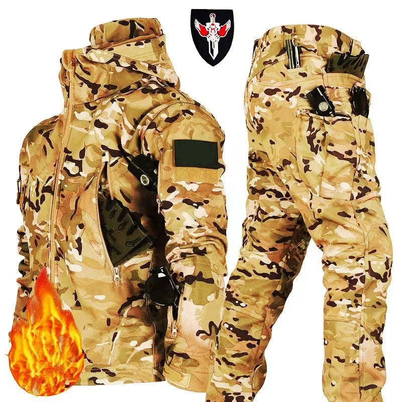 5XL 6XL Winter Waterproof Tactical Jackets Sets Men Outdoor Soft Shell Hiking Hunting Jacket Suit Fleece Cargo Pant Tracksuits