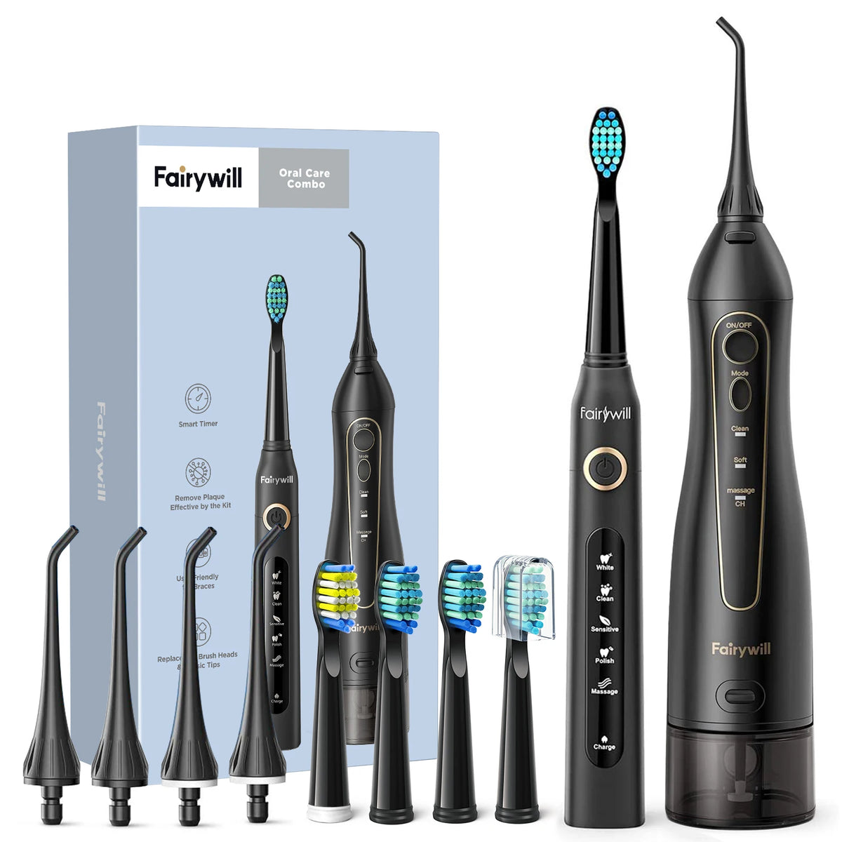 Fairywill Electric Sonic Toothbrush &amp; Water Flosser USB Charge Waterproof 5 Modes 3 Brush Heads Toothbrushes Teeth Cleaner
