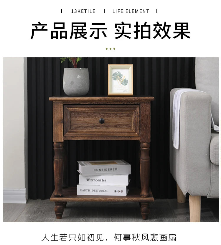 Solid Wood Nightstand Vintage French Distressed Bedside Table with Drawer for Bedroom Storage Cabinet Side Table
