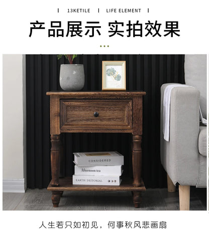 Solid Wood Nightstand Vintage French Distressed Bedside Table with Drawer for Bedroom Storage Cabinet Side Table