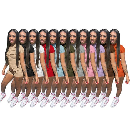 Streetwear Zipper Pockets Shorts Jumpsuit Women Clothing Short Sleeve Skinny Cargo Playsuit Summer Casual One Pieces Romper