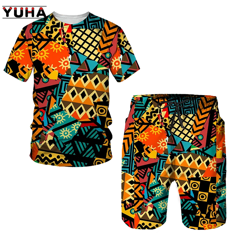 YUHA,Newest African Print Women's/Men's T-shirts Sets Africa Dashiki Men’s Tracksuit/Vintage Tops Sport And Leisure Summer Male