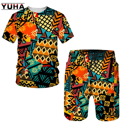 YUHA,Newest African Print Women's/Men's T-shirts Sets Africa Dashiki Men’s Tracksuit/Vintage Tops Sport And Leisure Summer Male