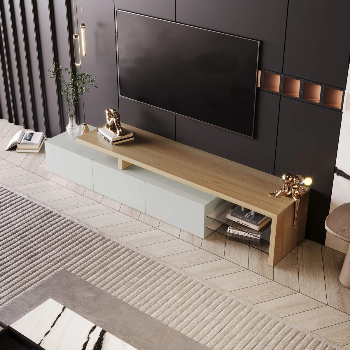 Rosahqnda TV Cabinet for Living Room,TV Lowboard with LED,Sideboard,2 Glass Partition,3 Drawers,White/Black High Gloss
