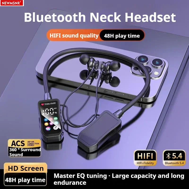 Neck-mounted headphones with HD screen, 48-hour playback time, Bluetooth 5.4 wireless earphones, dedicated for sports and gaming
