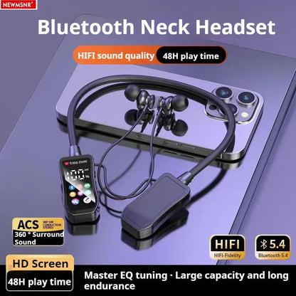 Neck-mounted headphones with HD screen, 48-hour playback time, Bluetooth 5.4 wireless earphones, dedicated for sports and gaming