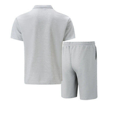 2025 Men Europe and the United States new summer Waffle solid color zip-up lapel short-sleeve suit shorts two sets