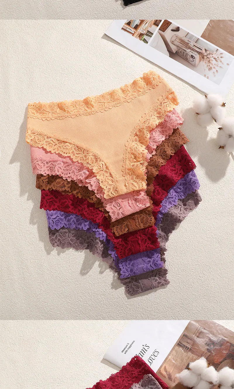 FINETOO 5PCS Sexy Lace Cotton Panties Women Brazilian Panties Ladies Sexy Low Waist Elastic T-Back Bikini Solid Soft Lingerie