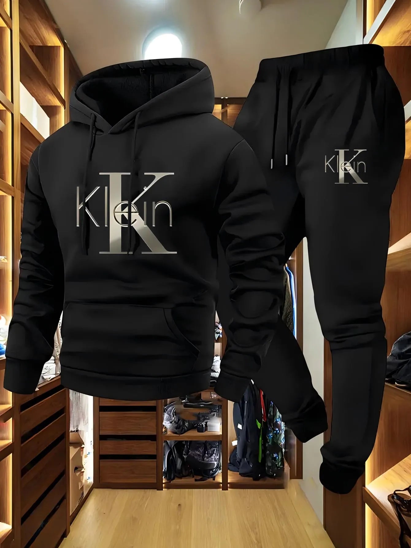 Men's Casual Two-Piece Set Autumn Winter Pattern Hoodie Sweatshirt & Long Pants Outdoor Sports Suit with Pockets Regular Fit