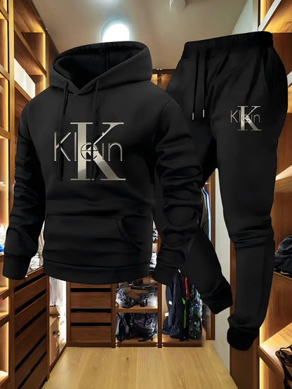 Men's Casual Two-Piece Set Autumn Winter Pattern Hoodie Sweatshirt & Long Pants Outdoor Sports Suit with Pockets Regular Fit