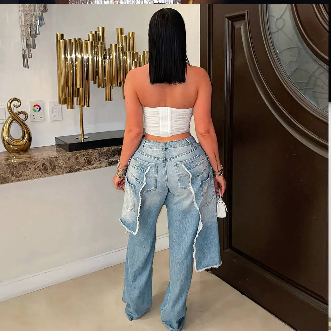 Streetwear Wide Leg Jeans Cargo Pants Sexy Women High Waist Elegant High Street Denim Loose Trousers