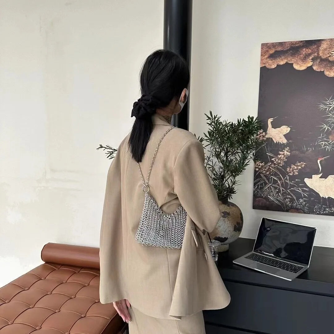 Metallic Hauberk Shoulder Bag Woven Ring Tote Chain Mail Designer Purses and Handbags Handmade Hollow Crossbody Bags for Women