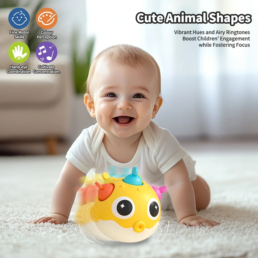 Pufferfish Baby Roly-Poly Rattle Toy with Teether Button, Motor Skills, Hand-Eye Coordination, Early Learning Toy, Newborn Gift