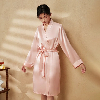 BirdTree, 100%Real Silk Simple Night-robe, Women V Neck Long Sleeve, Elegant Sexy Pajamas Robe, 2024 Summer Autumn New P469123QM