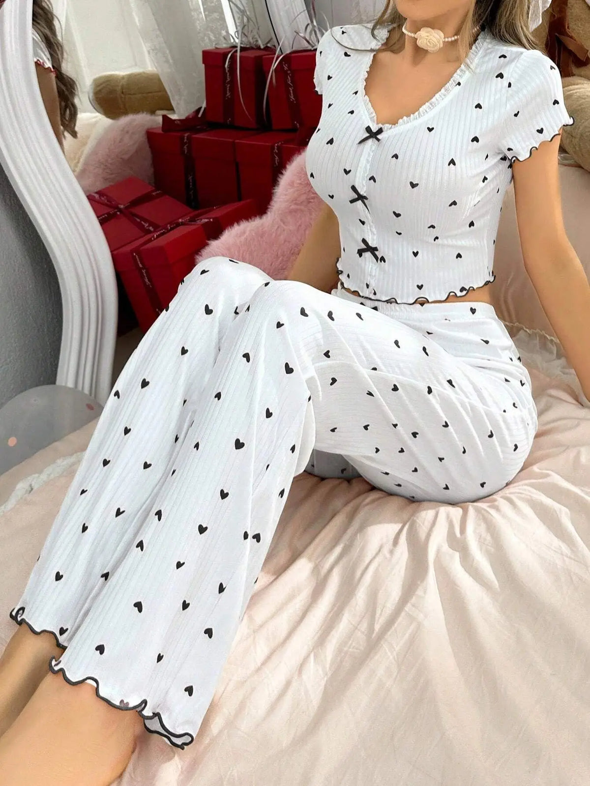 Heart Print Ribbed Frill Trim Pajama Set for Women Sleepwear Knitted V-Neck Loose Tops Elastic Long Pants Autumn Winter Wear