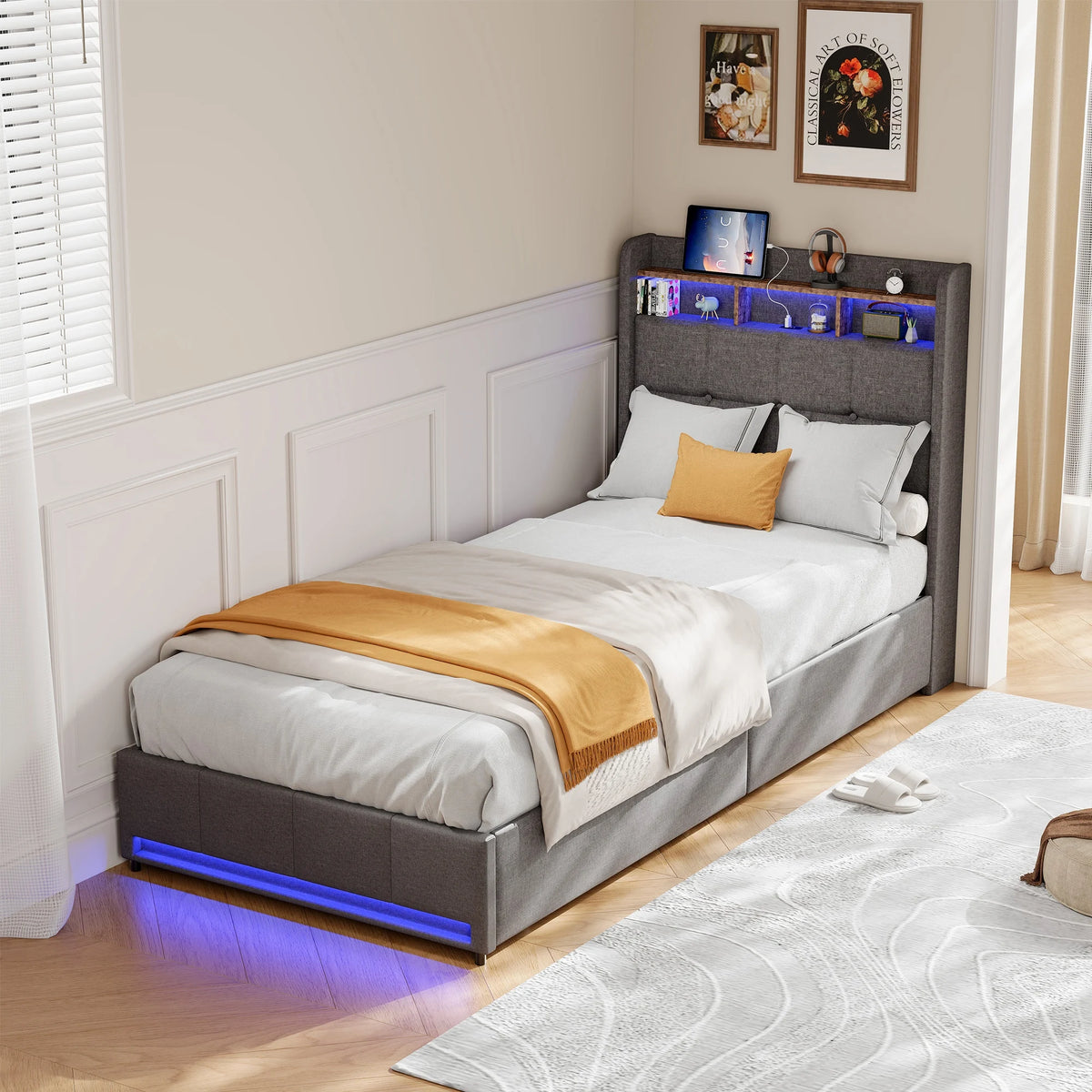 Rosahqnda Upholstered Double Bed 160 x 200 cm, Bed 180 x 200 cm with Storage Box, Storage Bed with 4 Drawers and LED Lighting