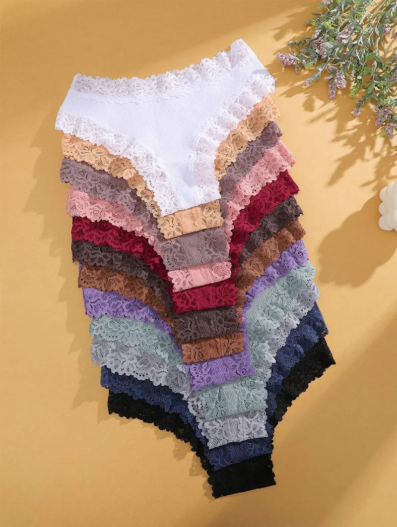 FINETOO 5PCS Sexy Lace Cotton Panties Women Brazilian Panties Ladies Sexy Low Waist Elastic T-Back Bikini Solid Soft Lingerie