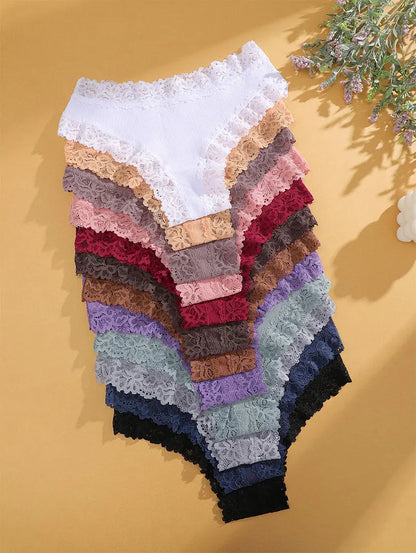 FINETOO 5PCS Sexy Lace Cotton Panties Women Brazilian Panties Ladies Sexy Low Waist Elastic T-Back Bikini Solid Soft Lingerie