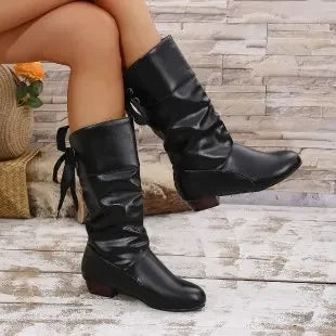 Shoes For Women 2025 Spring Knee High Boots Red Black White Tall Boots Woman Pleated Low Heel Casual Leather Female Long Shoes