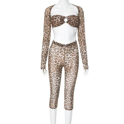 FAGADOER Sexy Mesh See Through Leopard Print Two Piece Sets Women Crop Top + Long Sleeve Coat + Shorts Outfits Female Clubwear