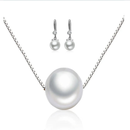 Exquisite Fashion 925 Sterling Silver Necklace Earrings Jewelry Set 10MM Pearl Accessories For Women Engagement Jewelry Gift