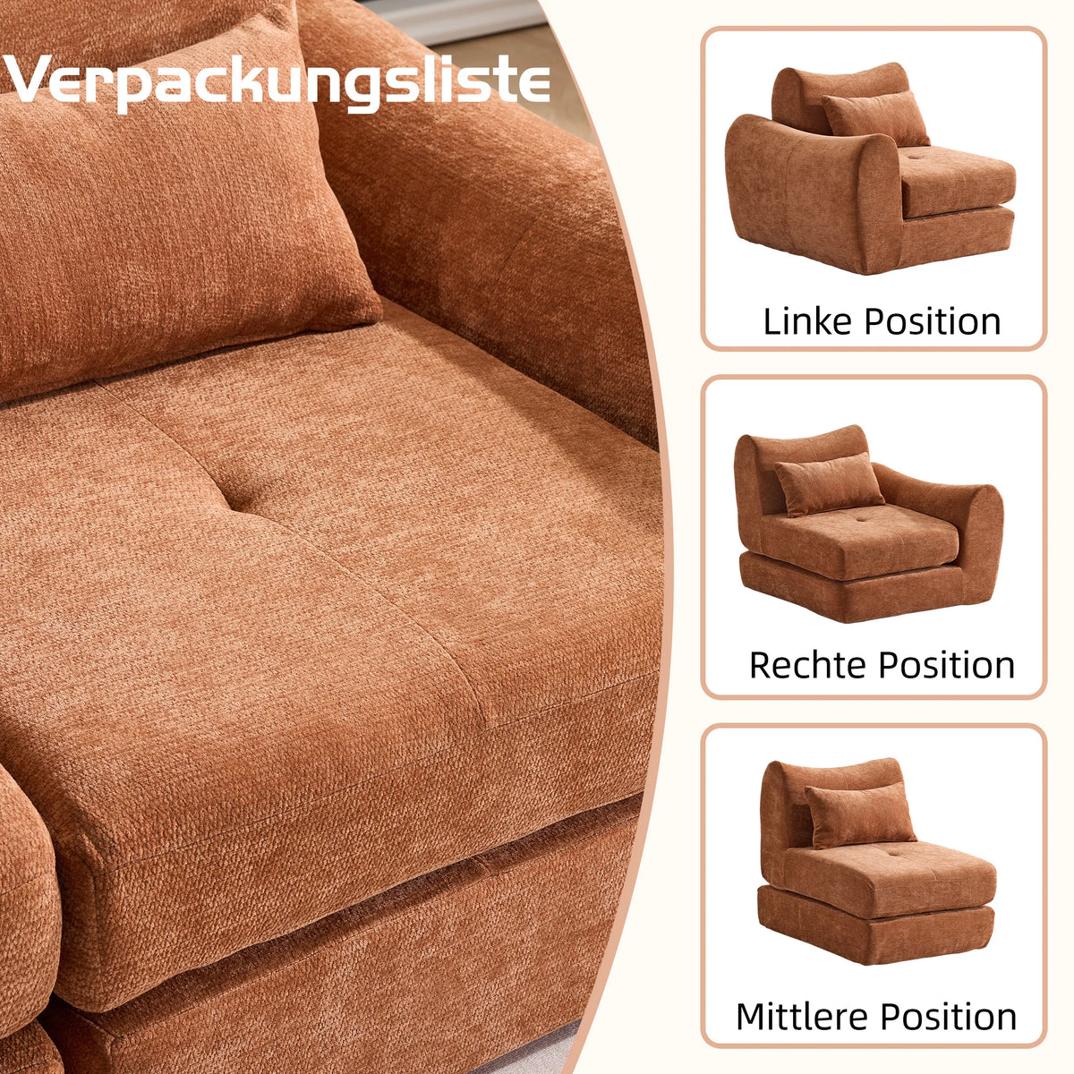 Orange Comfort Compressed Sofa,3 Seats No Assembly Required Sofa Bed,Black Chenille Free Combination For Living Room, Apartment