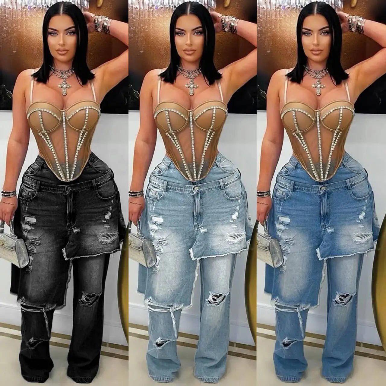 Streetwear Wide Leg Jeans Cargo Pants Sexy Women High Waist Elegant High Street Denim Loose Trousers