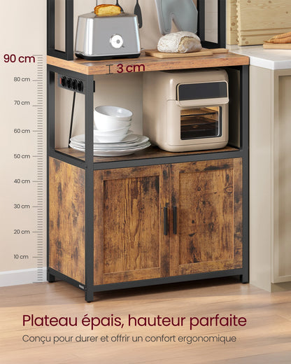 Kitchen Shelf with Power Strip, 8 Hooks, 40 x 60 x 170 cm, Rustic Brown and Ink Black/ Oak Gold and Cloud White