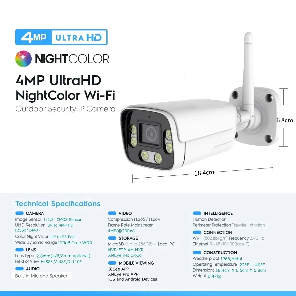 4MP Outdoor Security Wifi Camera AI 95ft NightColor Human Detection Bullet IP Camera With Two-Way Audio H.265+ Support MicroSD