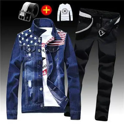 Spring Autumn Mens Denim Jacket + Jeans Pants Set Fashion Letters Printed Coat Trousers Two Piece Denim suit