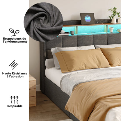 Rosahqnda Upholstered Double Bed 160 x 200 cm, Bed 180 x 200 cm with Storage Box, Storage Bed with 4 Drawers and LED Lighting