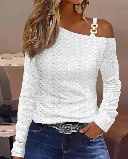 Sexy Elegant Off Shoulder White Lace Women Tops And Blouses 2023 Autumn Long Sleeve Top Femme Print Metal Buckle Office Blouse