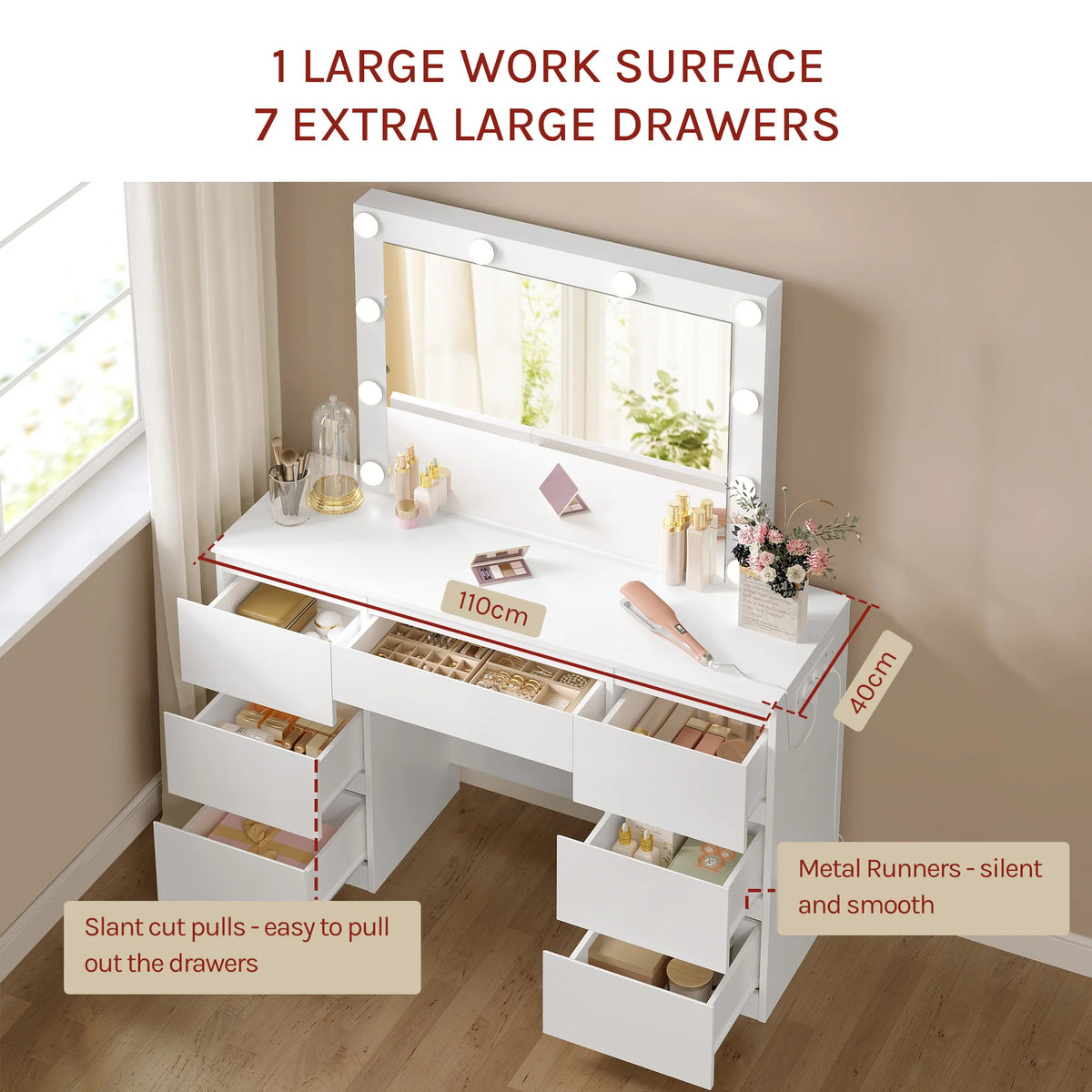 WOLTU White Dressing Table Girls/Women Vanity Dresser with Large Mirror 7 Drawers Makeup Desk with LED Lights Charging Socket