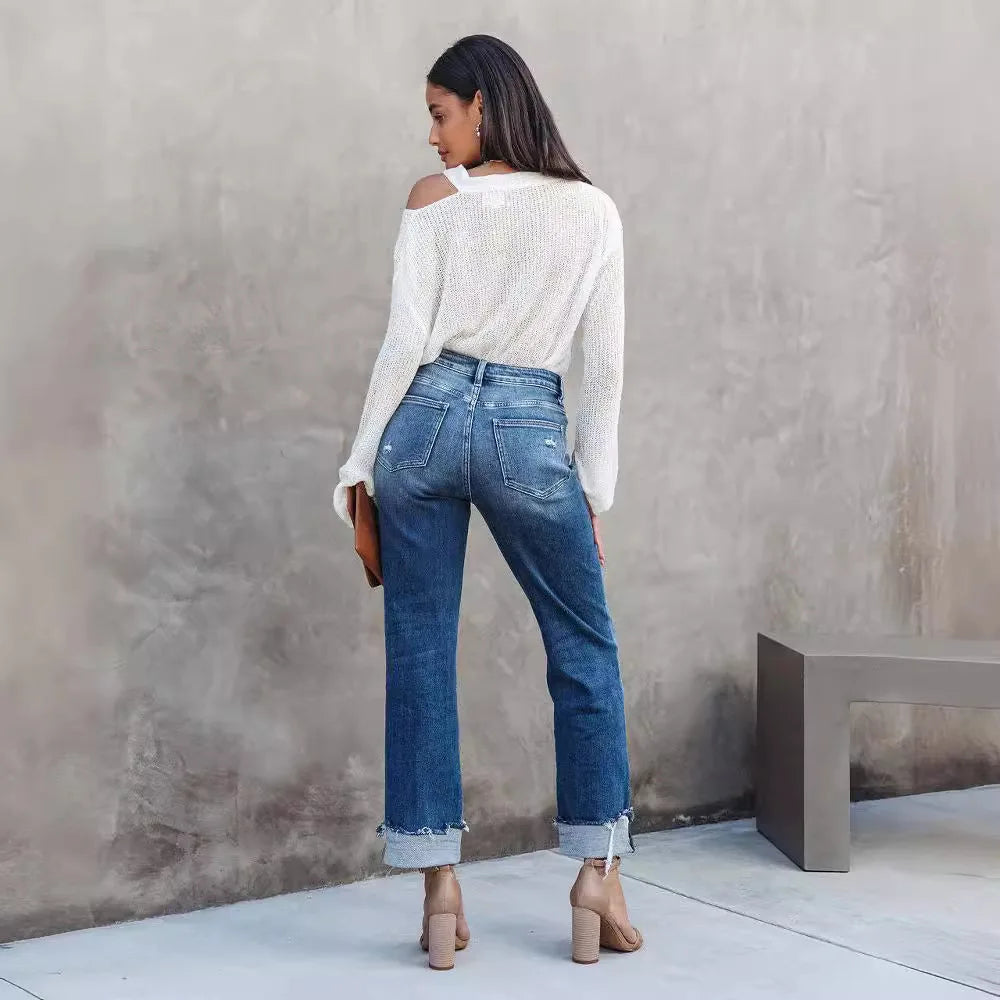 Women Spring and Autumn New Urban Casual Wash Straight Leg Jeans Long Pants, Loose Fallow Handwork Abrade Jeans with Pocket Y2k