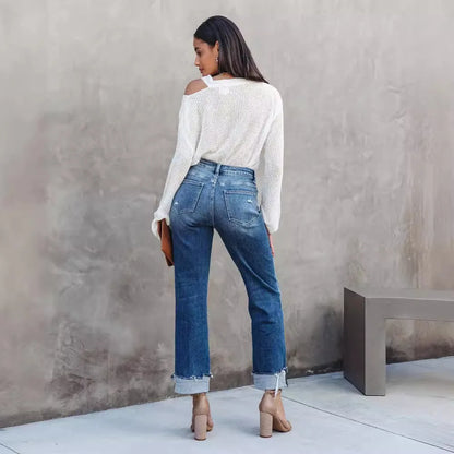 Women Spring and Autumn New Urban Casual Wash Straight Leg Jeans Long Pants, Loose Fallow Handwork Abrade Jeans with Pocket Y2k