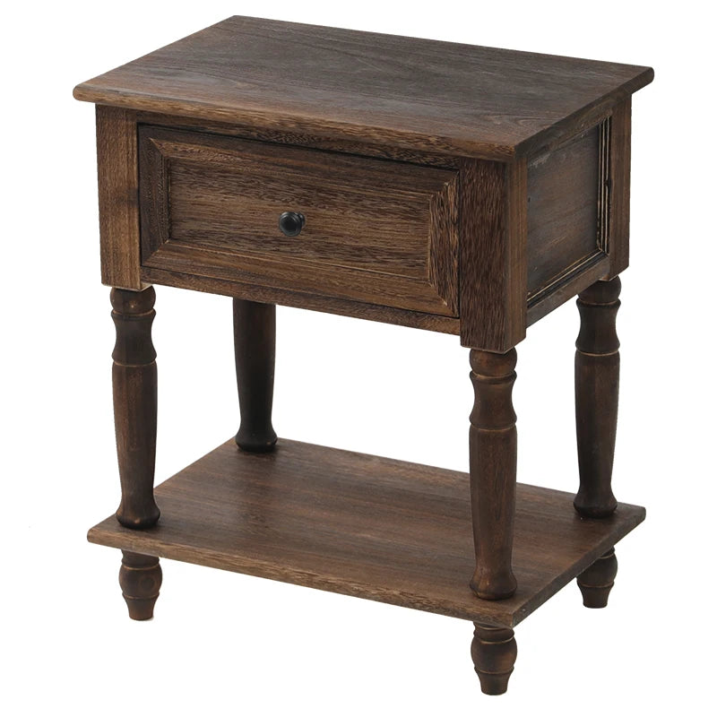 Solid Wood Nightstand Vintage French Distressed Bedside Table with Drawer for Bedroom Storage Cabinet Side Table