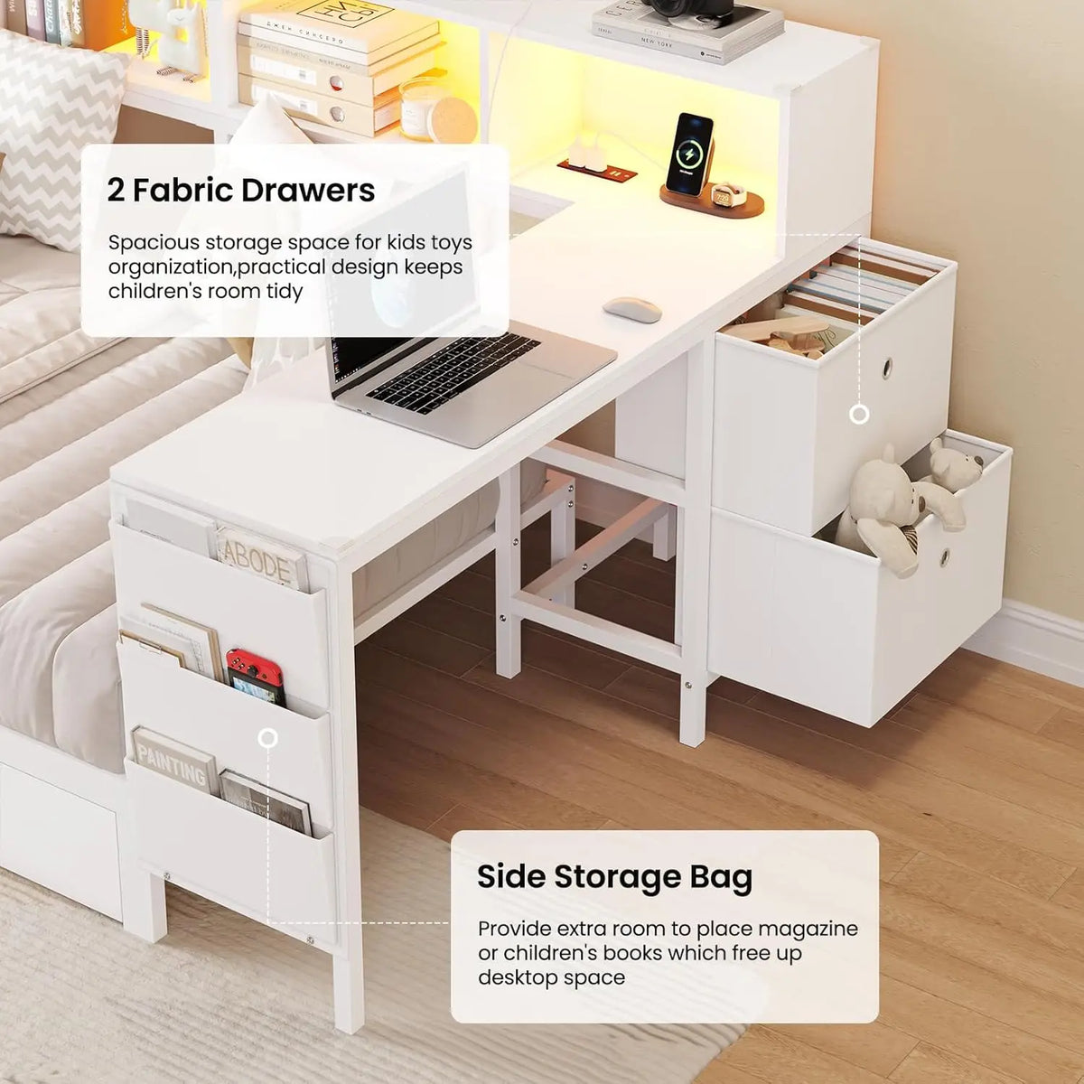 Corner Twin Bed Frame With Desk,Charging Station And Bookcase Storage Metal Platform Bed Frame With Storage Drawers And Led Ligh