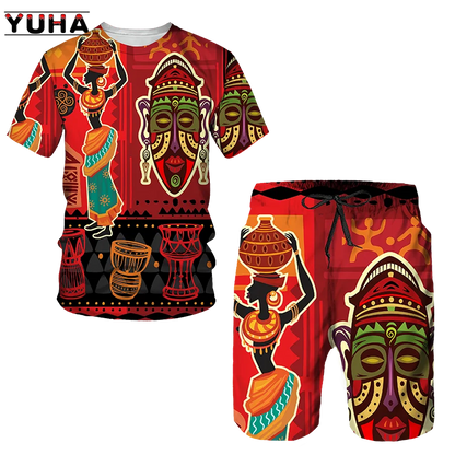 YUHA,Newest African Print Women's/Men's T-shirts Sets Africa Dashiki Men’s Tracksuit/Vintage Tops Sport And Leisure Summer Male