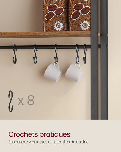 Kitchen Shelf with Power Strip, 8 Hooks, 40 x 60 x 170 cm, Rustic Brown and Ink Black/ Oak Gold and Cloud White