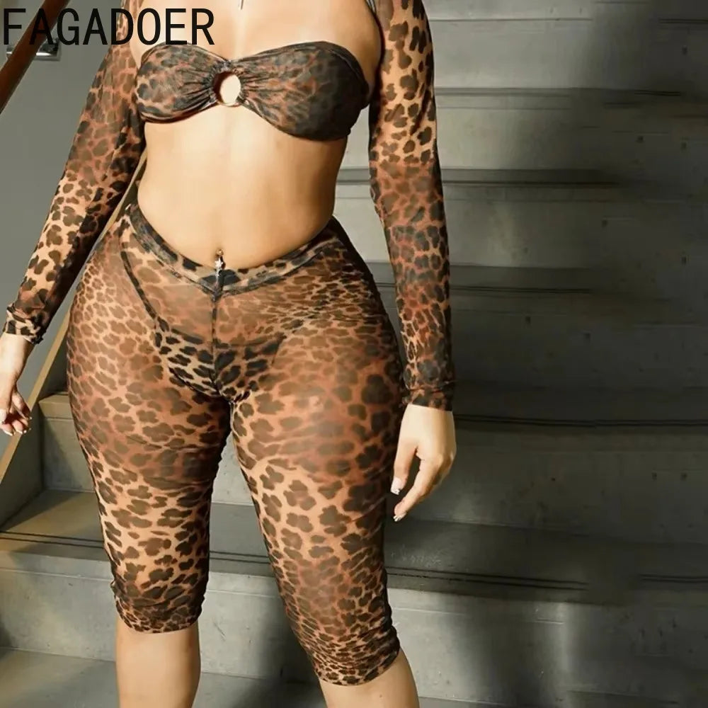FAGADOER Sexy Mesh See Through Leopard Print Two Piece Sets Women Crop Top + Long Sleeve Coat + Shorts Outfits Female Clubwear