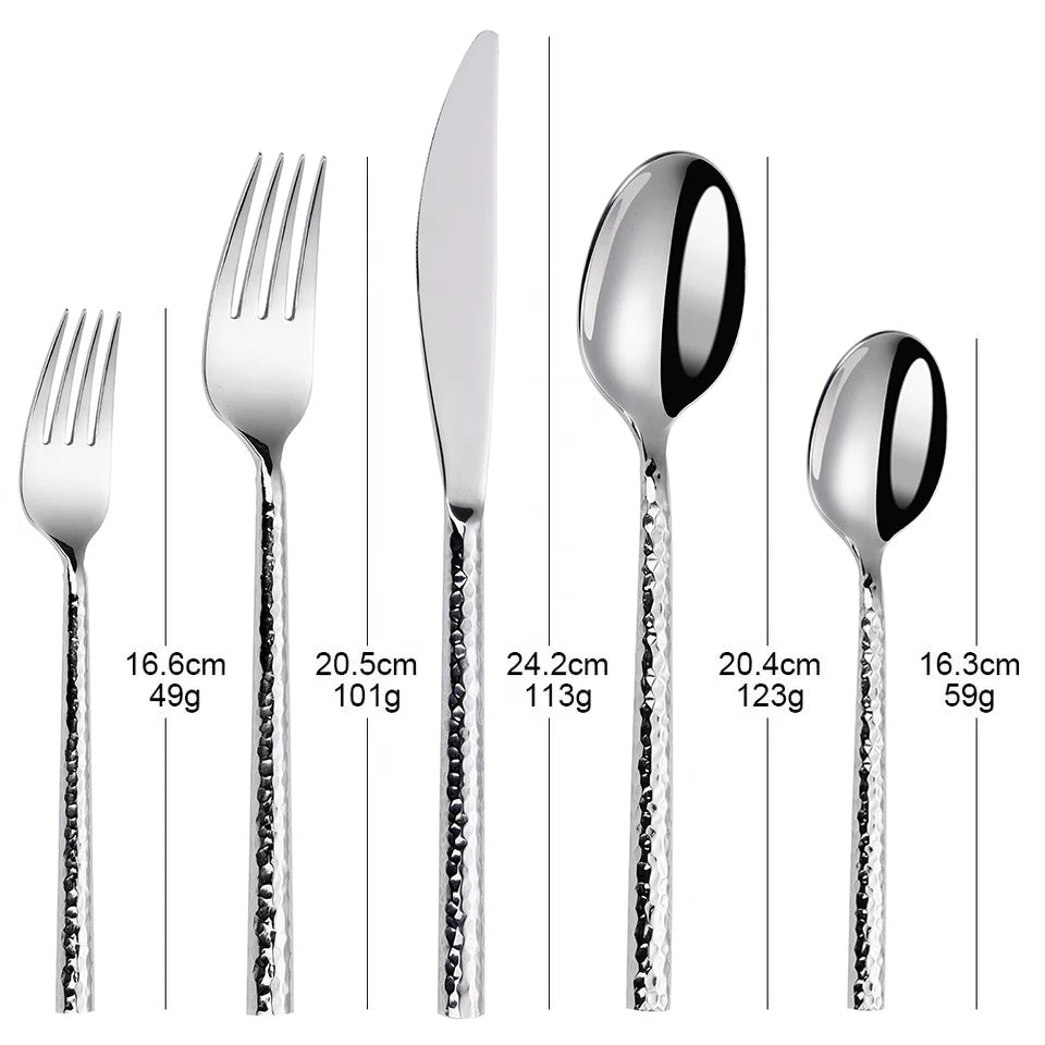 6/12/15Pcs Sliver Heavy Cutlery Stainless Steel 304 Tableware Western Dinner Set Mirror Hammer Pattern Handle Knife Fork Spoon
